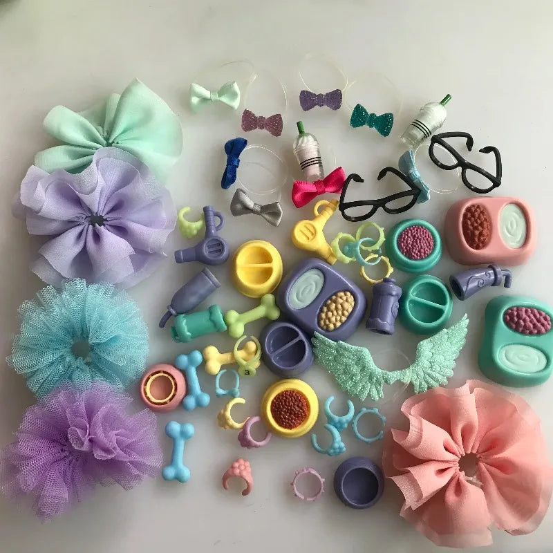 Accessories for lps Pets, (Random 20 pc) Hat Scarf Jacket Dress Bow Skirt Clothes Collar Foof and Drink Toy Accessories fit lps